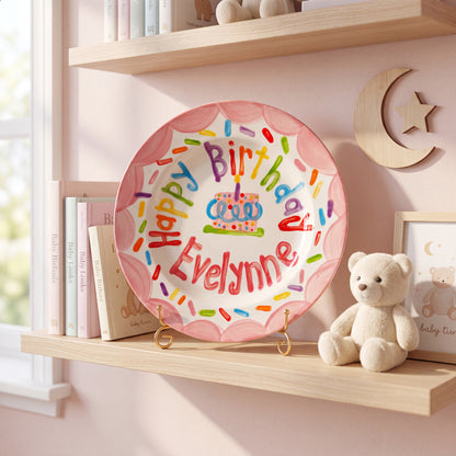 Personalized Birthday Plate – Pink Scalloped Border, Colorful Sprinkles & Polka Dot Cake Design | BHL019