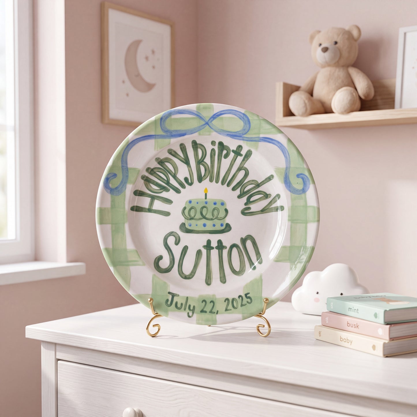 Personalized Birthday Plate – Green Gingham Bow & Polka Dot Cake Design | B085