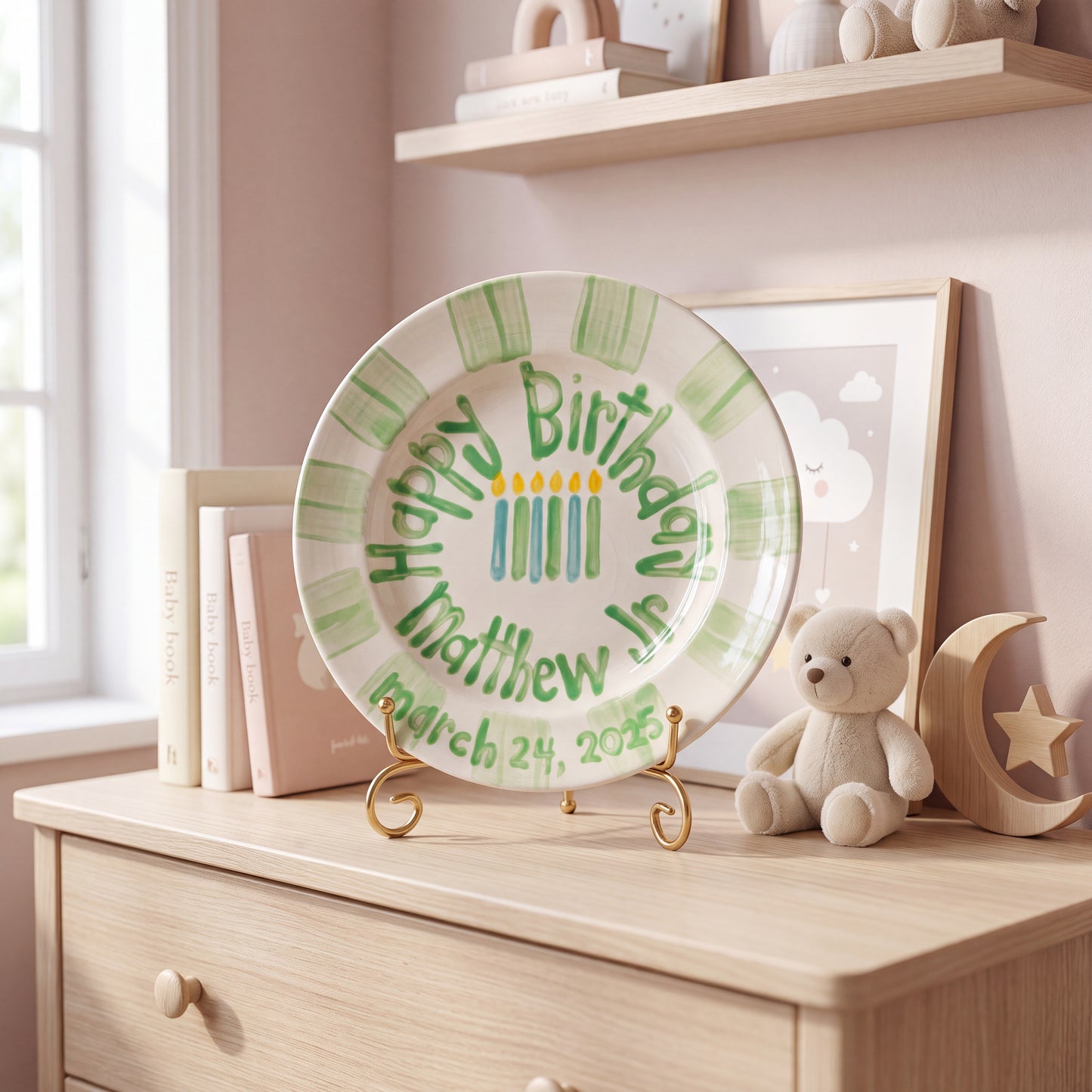 Personalized Birthday Plate – Green Striped Border & Birthday Candles Design | BHL020