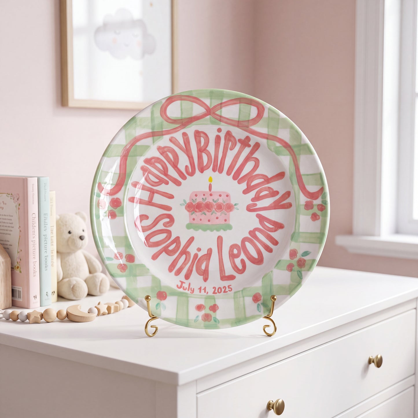 Personalized Birthday Plate – Green Gingham Bow & Rose Cake Design | B001