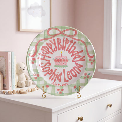 Personalized Birthday Plate – Green Gingham Bow & Rose Cake Design | B001
