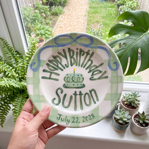 Personalized Birthday Plate – Green Gingham Bow & Polka Dot Cake Design | B085