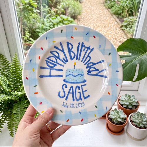Personalized Birthday Plate – Blue Gingham Border & Sprinkle Cake Design | B011