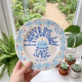 Personalized Birthday Plate – Blue Gingham Border & Sprinkle Cake Design | B011