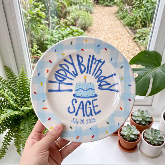 Personalized Birthday Plate – Blue Gingham Border & Sprinkle Cake Design | B011
