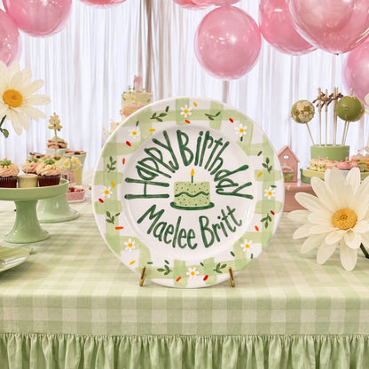 Custom Ceramic Birthday Plate, Personalized Name Cake Plate, Hand Painted Green Gingham Daisy Plate, Childrens Birthday Tradition | B050