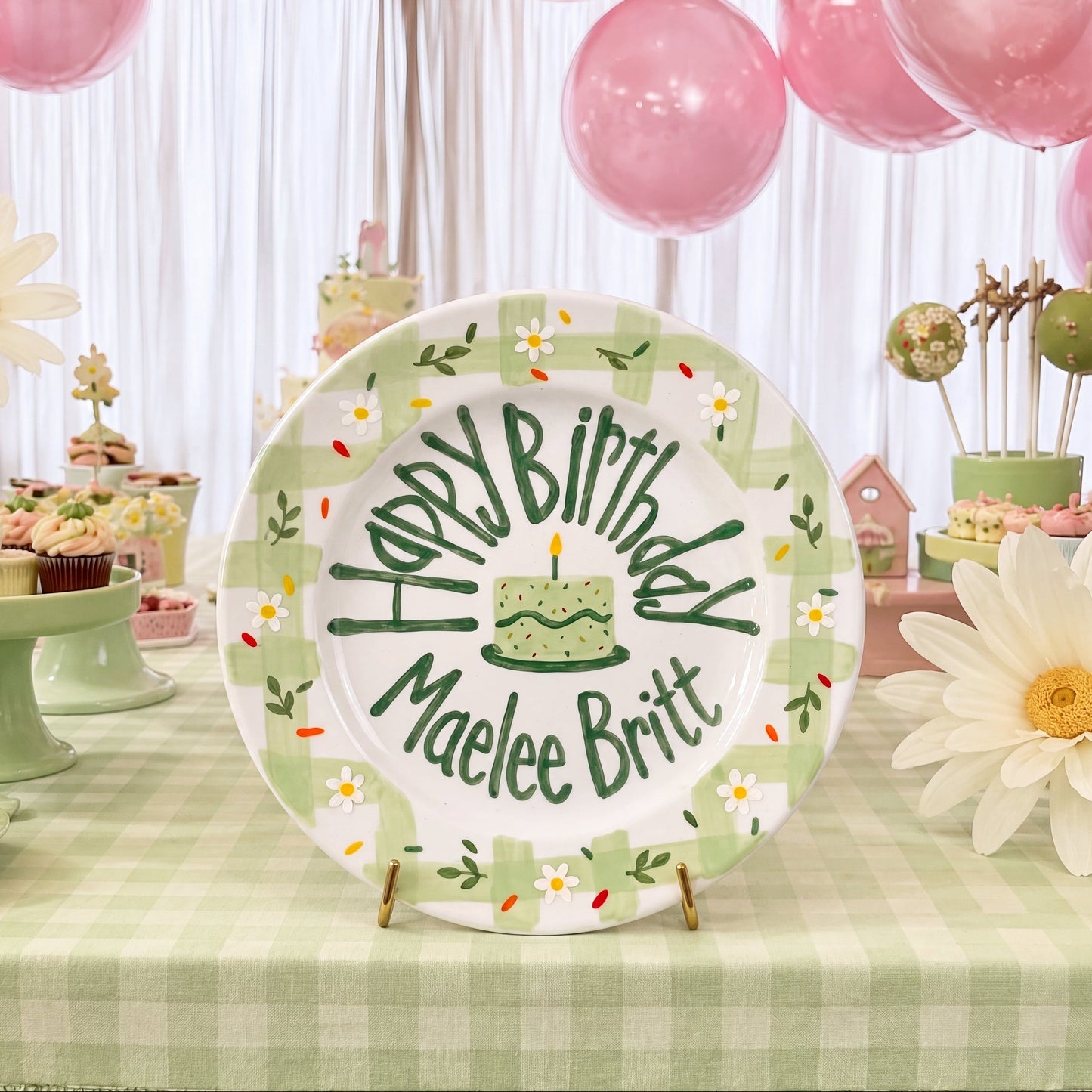 Personalized Ceramic Birthday Plate, Custom Name Daisy Gingham Dish, First Birthday Tradition Keepsake, Preppy Kids Party Plate | B050