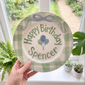 Personalized Green Birthday Plate, Custom Ceramic Birthday Dish, Green Gingham Blue Bow Plate, Boys Birthday Tradition Keepsake | B086