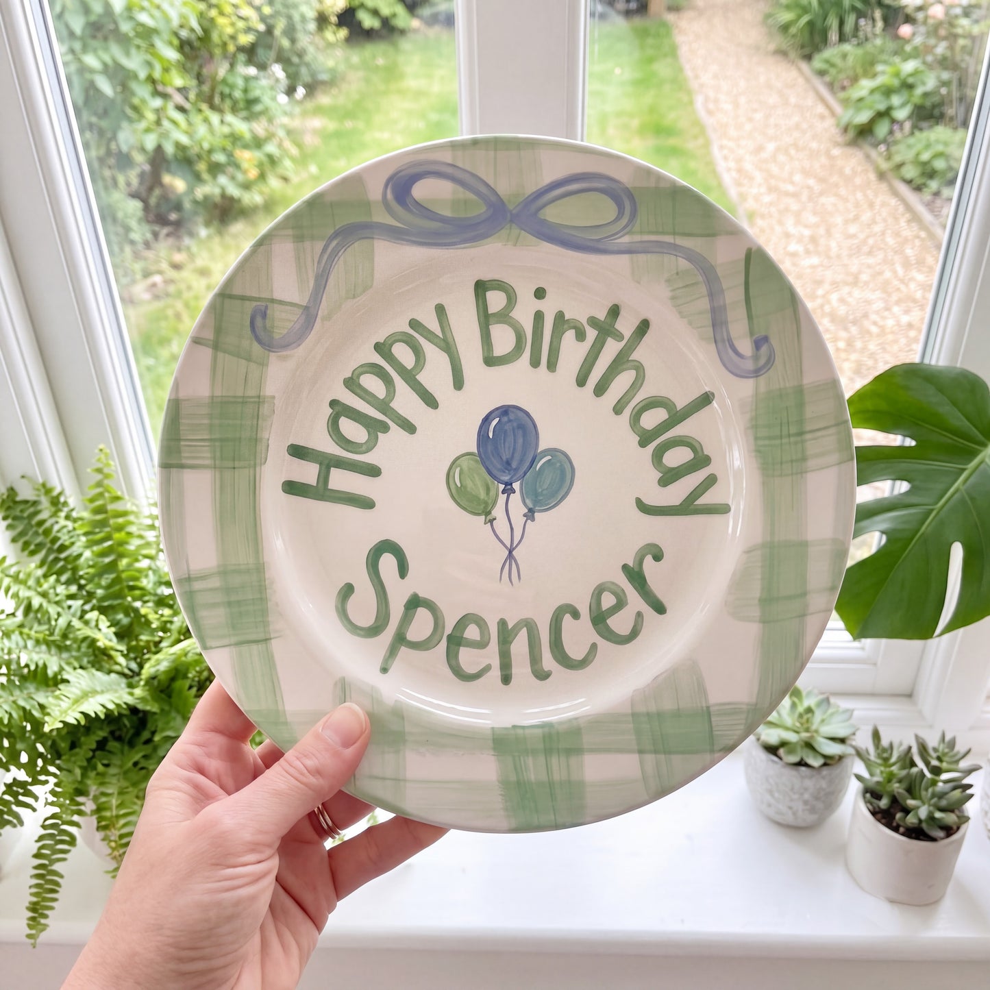 Personalized Green Birthday Plate, Custom Ceramic Birthday Dish, Green Gingham Blue Bow Plate, Boys Birthday Tradition Keepsake | B086