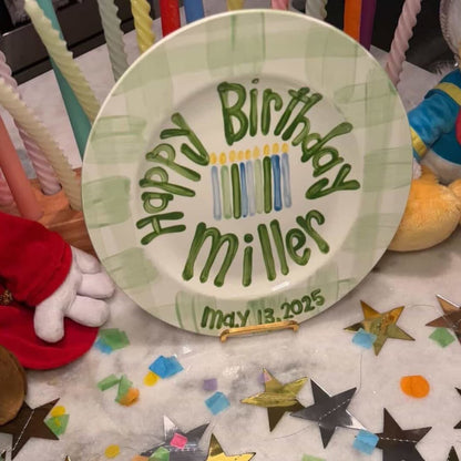 Personalized Birthday Plate Green Gingham Hand-Painted Ceramic | BHL003