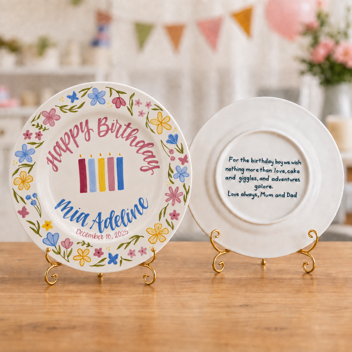 Custom Hand Painted Ceramic Birthday Plate, Floral Botanical Dish, Personalized Birthday Plate Date, First Birthday Gift Girl | BGI022