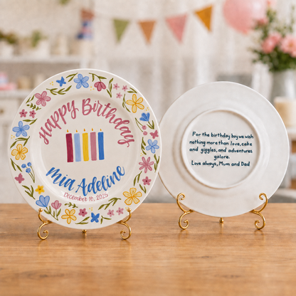Custom Hand Painted Ceramic Birthday Plate, Floral Botanical Dish, Personalized Birthday Plate Date, First Birthday Gift Girl | BGI022