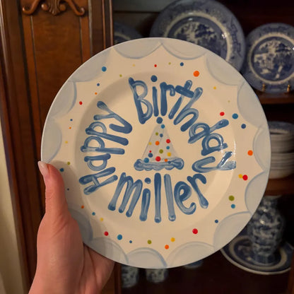 Custom Hand-Painted Ceramic Boy's Birthday Plate Party Hat & Colorful Dots | BHL002