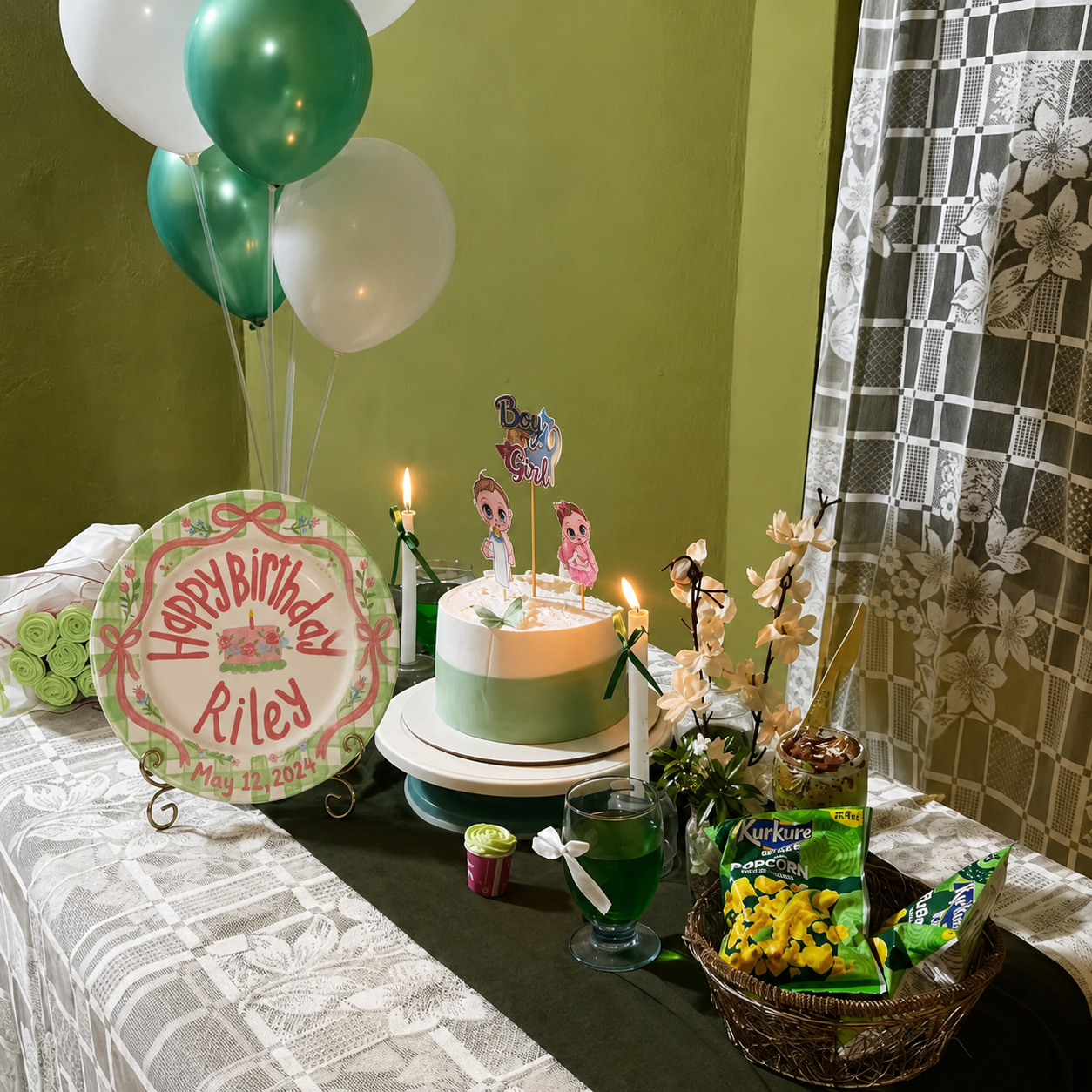 Personalized Green Birthday Plate, Custom Ceramic Birthday Dish, Green Gingham Pink Bow Plate, Girls Birthday Tradition Keepsake | B095