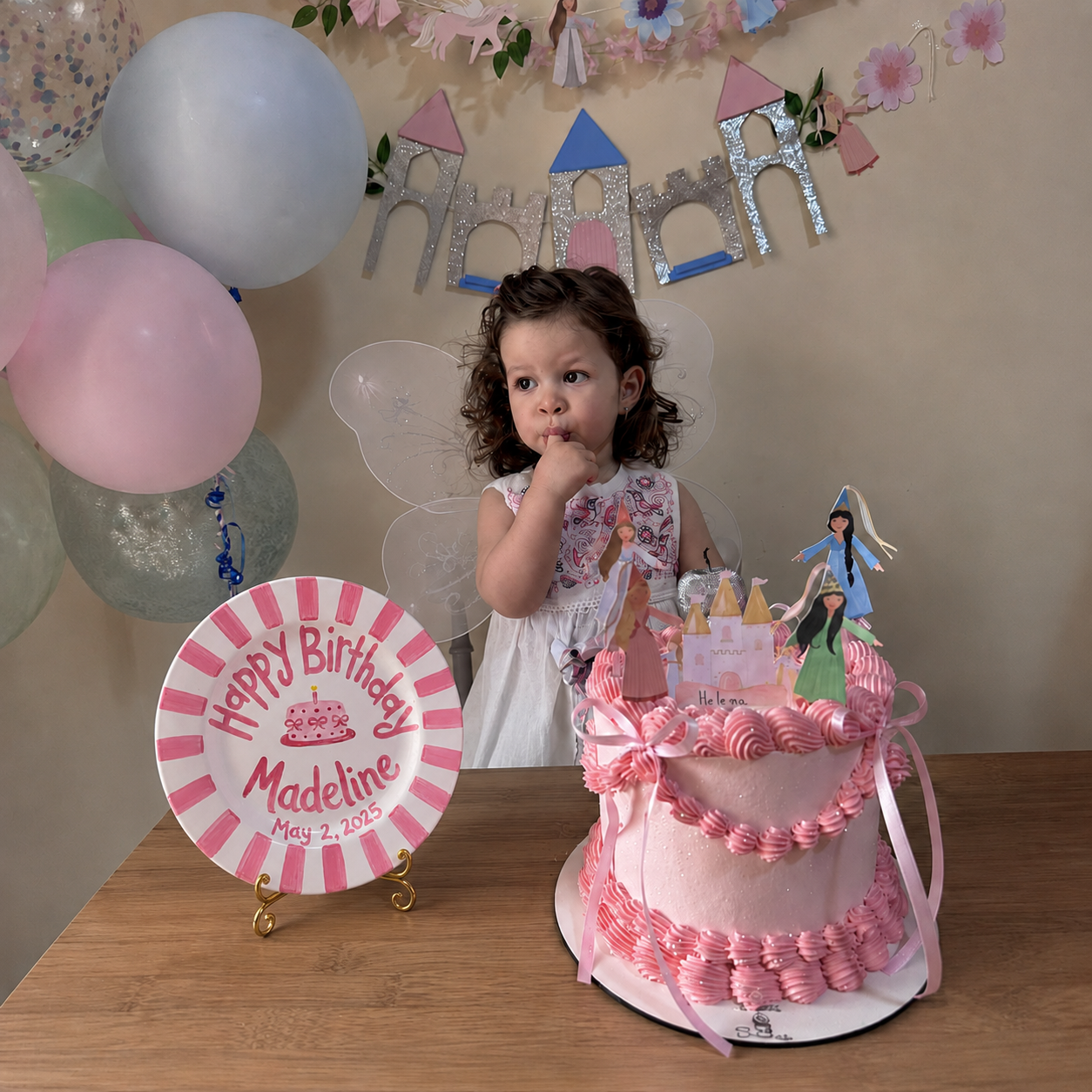 Pink Stripes Birthday Plate, Hand-Painted Pink Cake Design, Custom Name & Date Ceramic Keepsake, Toddler Gift | B023