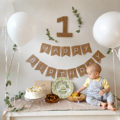 Custom Hand Painted Ceramic Birthday Plate, Green Gingham Confetti Plate, Personalized Birthday Plate Date, First Birthday Gift Boy | B088