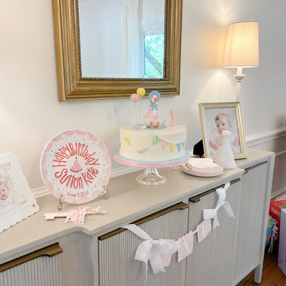 Hand-Painted Ceramic Birthday Plate, Pink Scalloped Border with Sprinkles, Custom Name Keepsake, Baby Girl Gift | B018