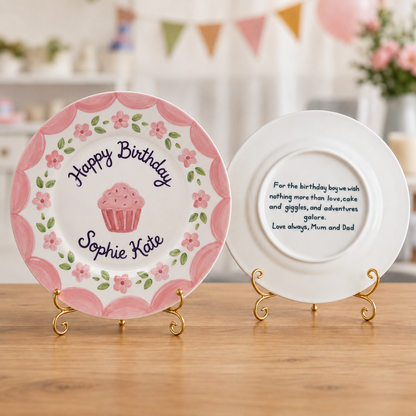 Personalized Pink Birthday Plate, Custom Ceramic Birthday Dish, Pink Cupcake Floral Plate, Girls Birthday Keepsake Keepsake | B024