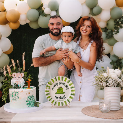 Custom Hand Painted Ceramic Birthday Plate, Green Striped Birthday Dish, Personalized Birthday Plate Date, First Birthday Gift Boyay Tradition Heirloom Keepsake | B006