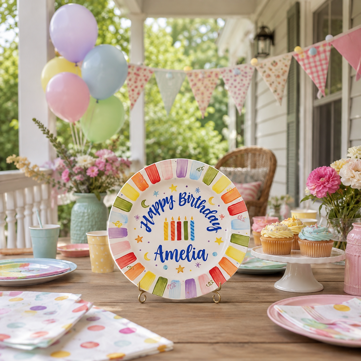 Personalized Rainbow Birthday Plate, Custom Ceramic Birthday Dish, Rainbow Striped Cake Plate, Kids Birthday Tradition Heirloom Keepsake | B008