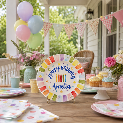 Personalized Rainbow Birthday Plate, Custom Ceramic Birthday Dish, Rainbow Striped Cake Plate, Kids Birthday Tradition Heirloom Keepsake | B008