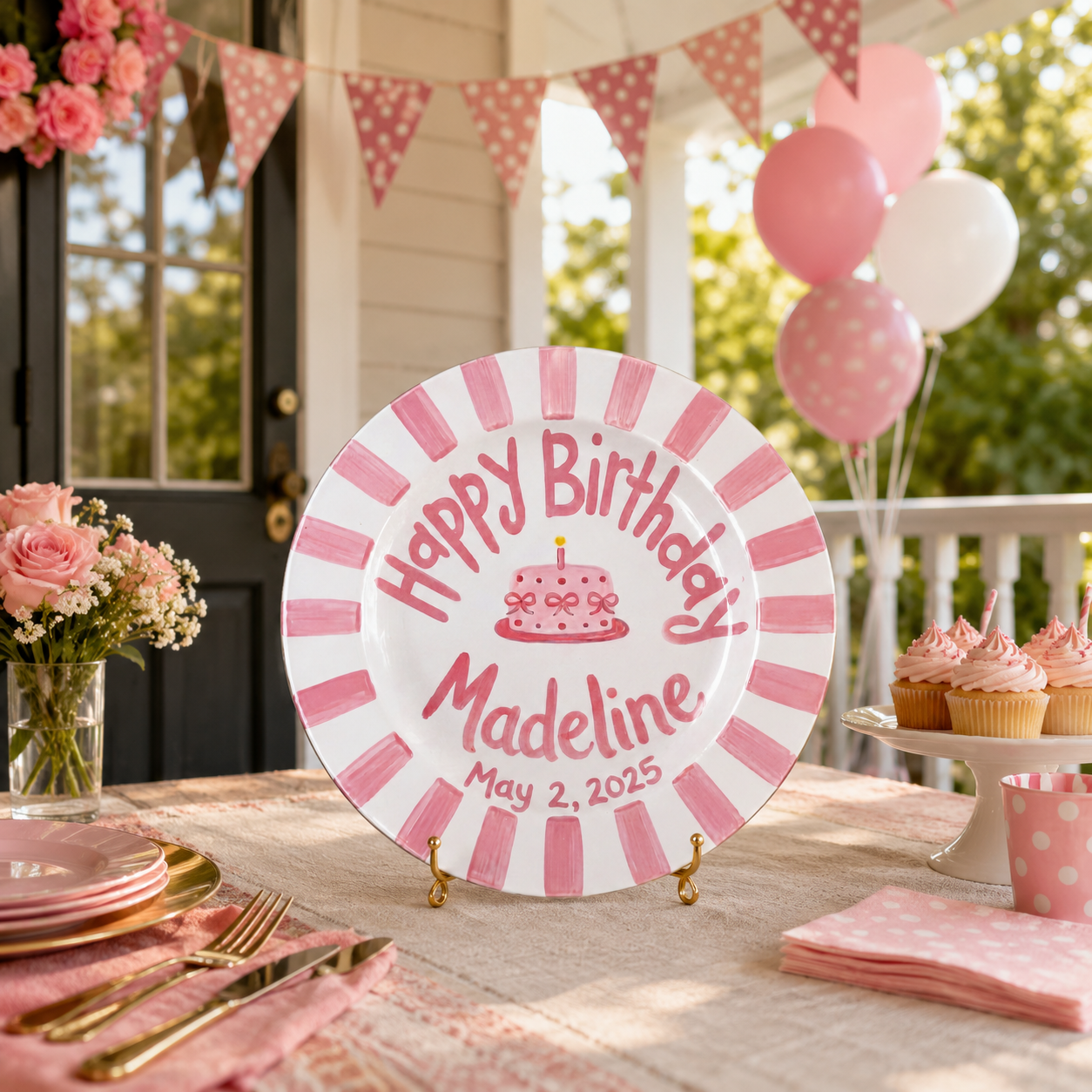 Pink Stripes Birthday Plate, Hand-Painted Pink Cake Design, Custom Name & Date Ceramic Keepsake, Toddler Gift | B023