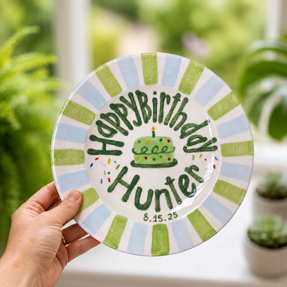 Personalized Green Blue Birthday Plate, Custom Ceramic Birthday Dish, Striped Cake Plate, Boys Birthday Tradition Heirloom Keepsake | B021