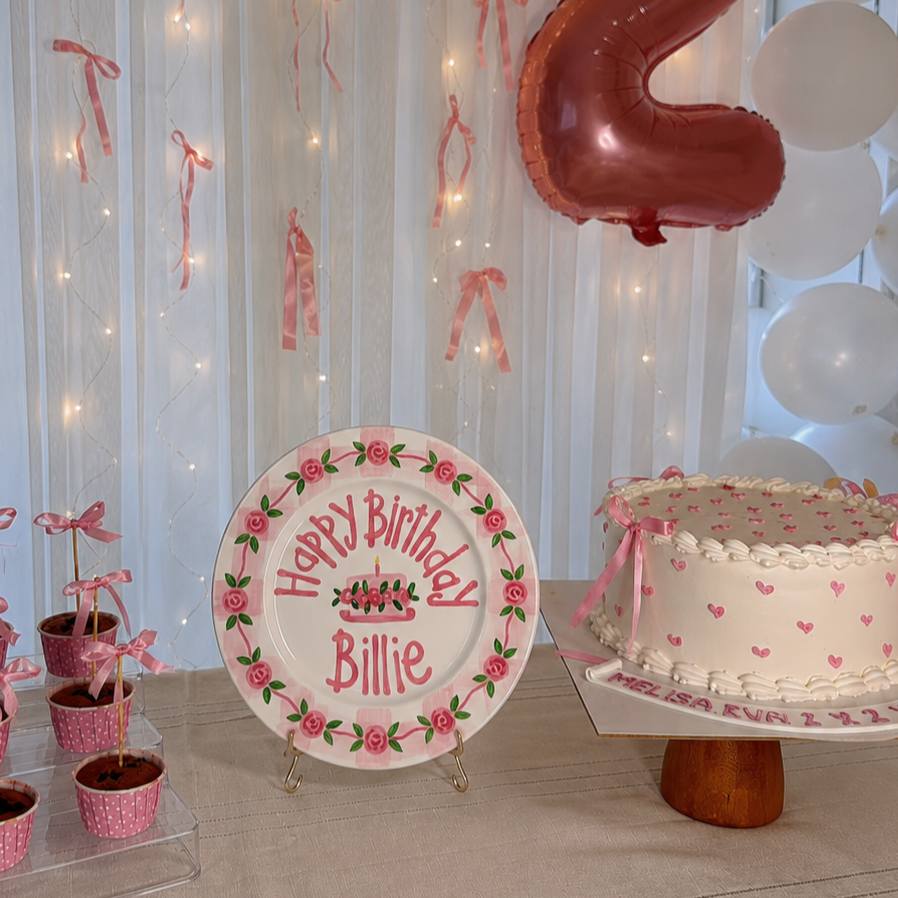 Hand-Painted Rose Garland Ceramic Birthday Plate, Pink Gingham Border, Personalized Name Keepsake, Girl Party Decor | B034