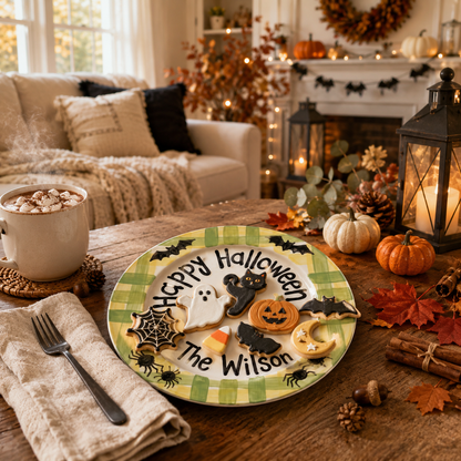Personalized Halloween Plate, Custom Family Name Ceramic Plate, Pumpkin Bat Spider Dish, Spooky Season Tradition Keepsake | H001