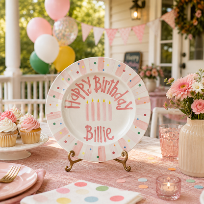 Personalized Ceramic Birthday Plate, Hand-Painted Pink Striped Edge, Custom Birthday Name Billie Keepsake | B004