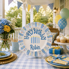 Hand-Painted Ceramic Birthday Plate, Blue Striped Border with Sprinkles, Custom Name Keepsake, Baby Boy Gift | B010