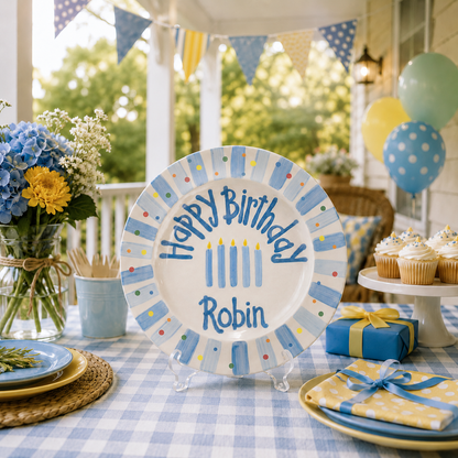 Hand-Painted Ceramic Birthday Plate, Blue Striped Border with Sprinkles, Custom Name Keepsake, Baby Boy Gift | B010
