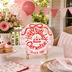 Pink Gingham Birthday Keepsake Plate, Red Bow & Strawberry Design, Hand-Painted Personalized Name Plate | B019