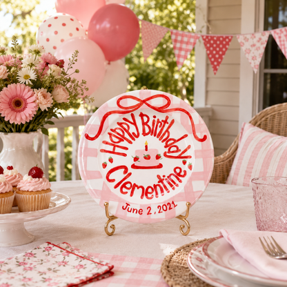 Pink Gingham Birthday Keepsake Plate, Red Bow & Strawberry Design, Hand-Painted Personalized Name Plate | B019