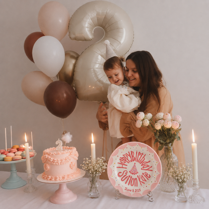 Hand-Painted Ceramic Birthday Plate, Pink Scalloped Border with Sprinkles, Custom Name Keepsake, Baby Girl Gift | B018