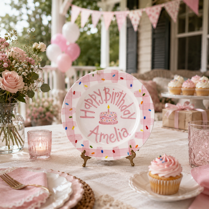 Personalized Pink Birthday Plate, Custom Ceramic Birthday Dish, Pink Gingham Cake Plate, Girls Birthday Tradition Heirloom Keepsake | B097