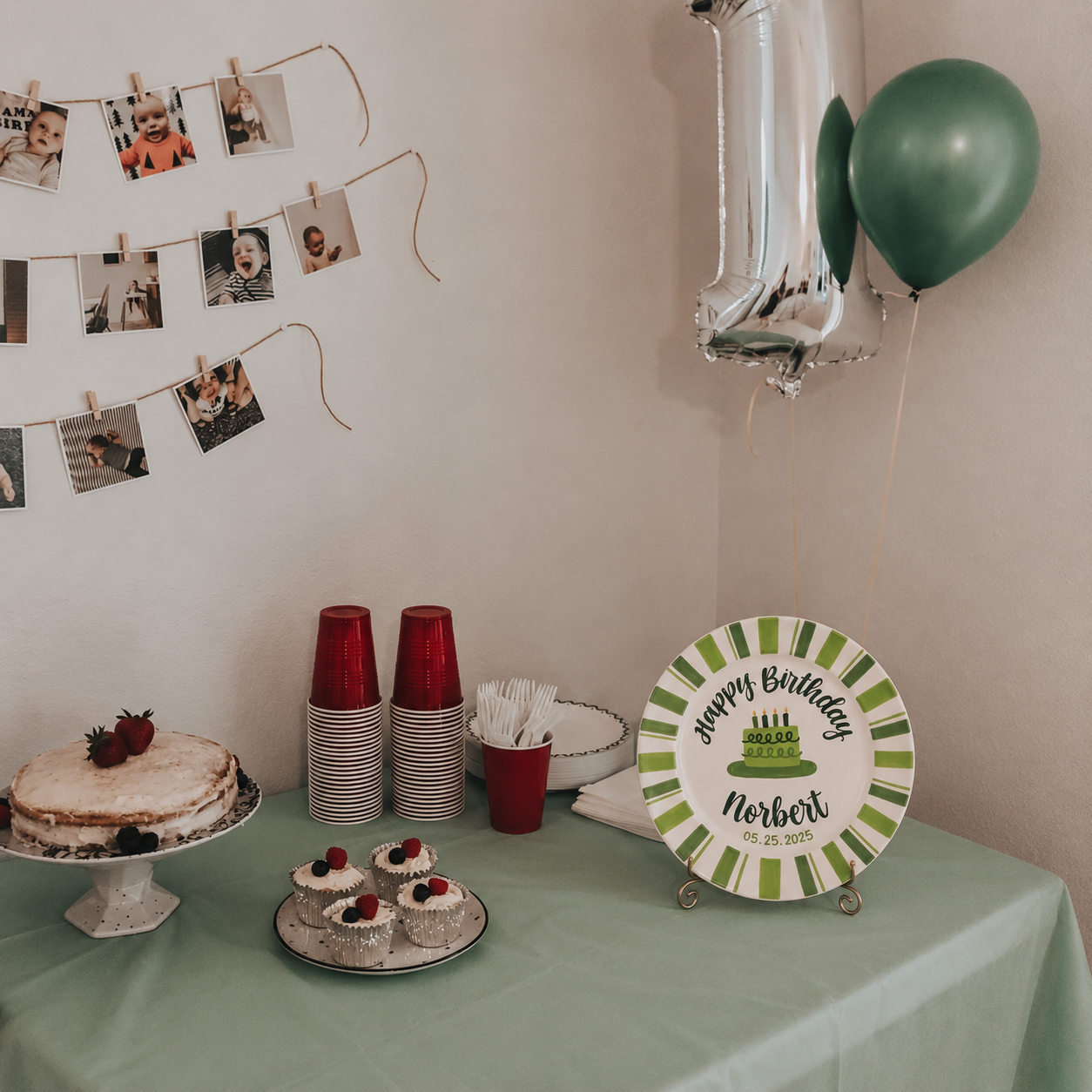 Custom Hand Painted Ceramic Birthday Plate, Green Striped Birthday Dish, Personalized Birthday Plate Date, First Birthday Gift Boyay Tradition Heirloom Keepsake | B006
