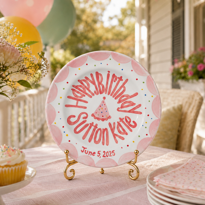Hand-Painted Ceramic Birthday Plate, Pink Scalloped Border with Sprinkles, Custom Name Keepsake, Baby Girl Gift | B018