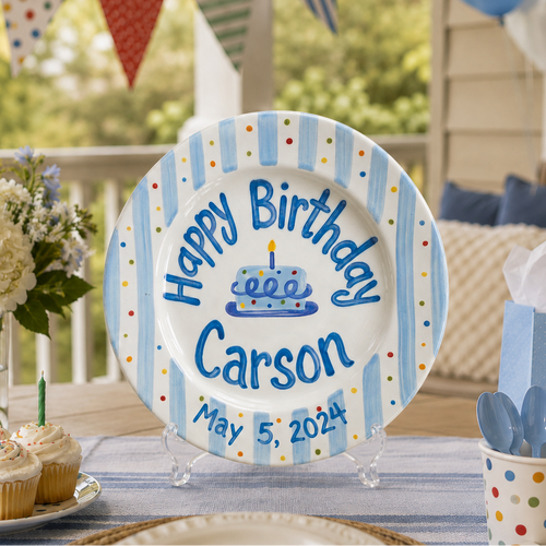 Custom Hand Painted Ceramic Birthday Plate, Blue Stripe Confetti Plate, Personalized Birthday Plate Date, First Birthday Gift Boy | B091