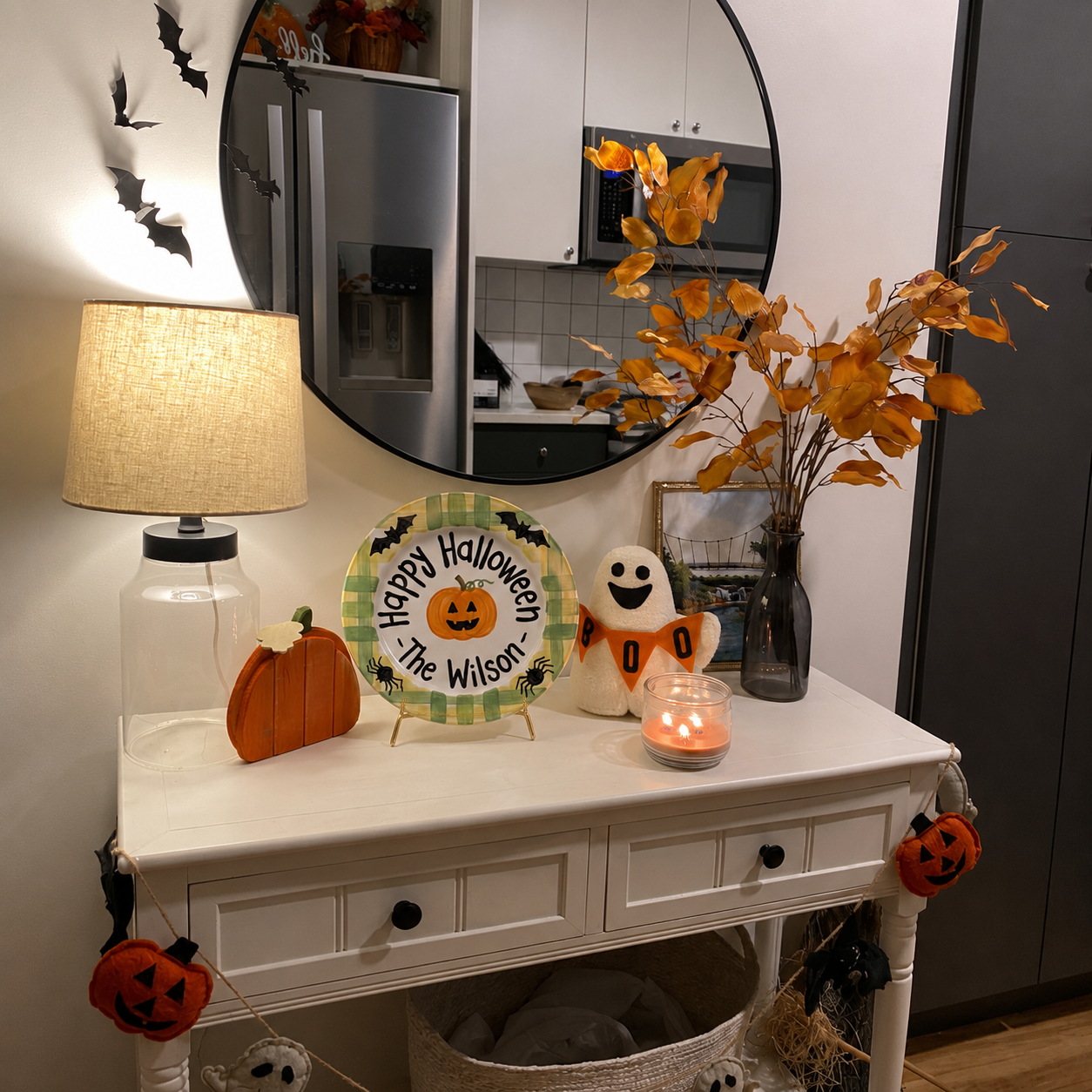 Personalized Halloween Plate, Custom Family Name Ceramic Plate, Pumpkin Bat Spider Dish, Spooky Season Tradition Keepsake | H001