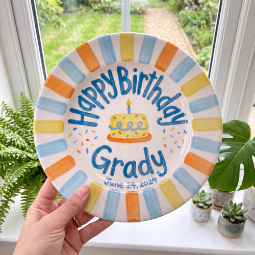 Personalized Birthday Plate – Yellow Cake & Multicolor Striped Border Design | B100
