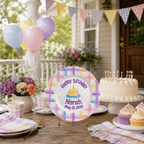 Custom Hand Painted Ceramic Birthday Plate, Pastel Plaid Cake Dish, Personalized Birthday Plate Date, First Birthday Gift Girl | B003