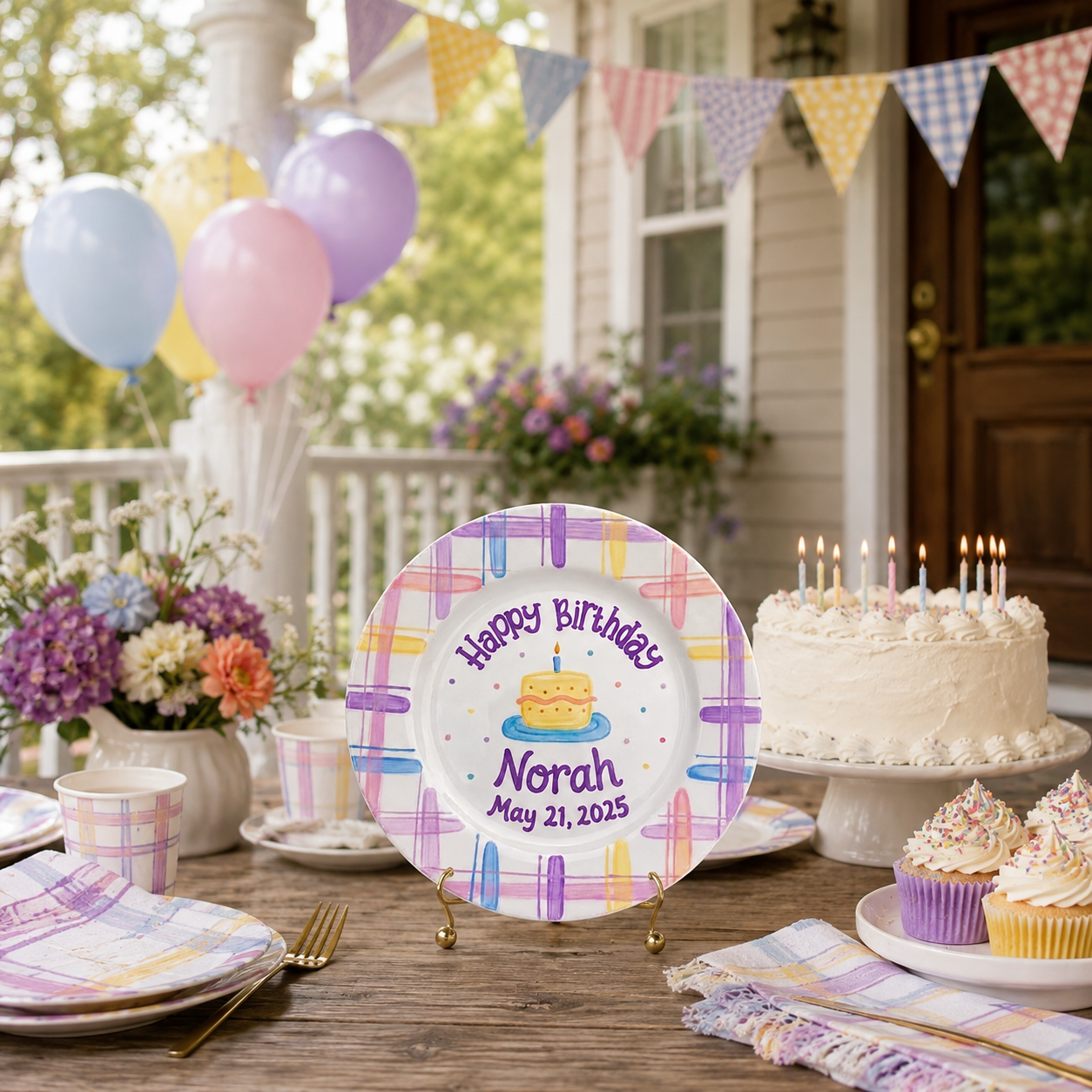 Custom Hand Painted Ceramic Birthday Plate, Pastel Plaid Cake Dish, Personalized Birthday Plate Date, First Birthday Gift Girl | B003