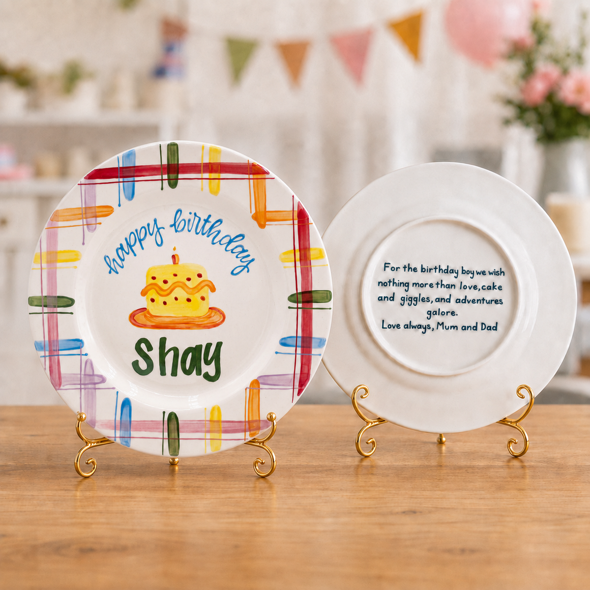 Personalized Plaid Birthday Plate, Custom Ceramic Birthday Dish, Multicolor Plaid Cake Plate, Kids Birthday Tradition Heirloom Keepsake | BGI021
