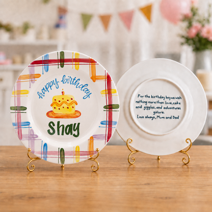 Personalized Plaid Birthday Plate, Custom Ceramic Birthday Dish, Multicolor Plaid Cake Plate, Kids Birthday Tradition Heirloom Keepsake | BGI021