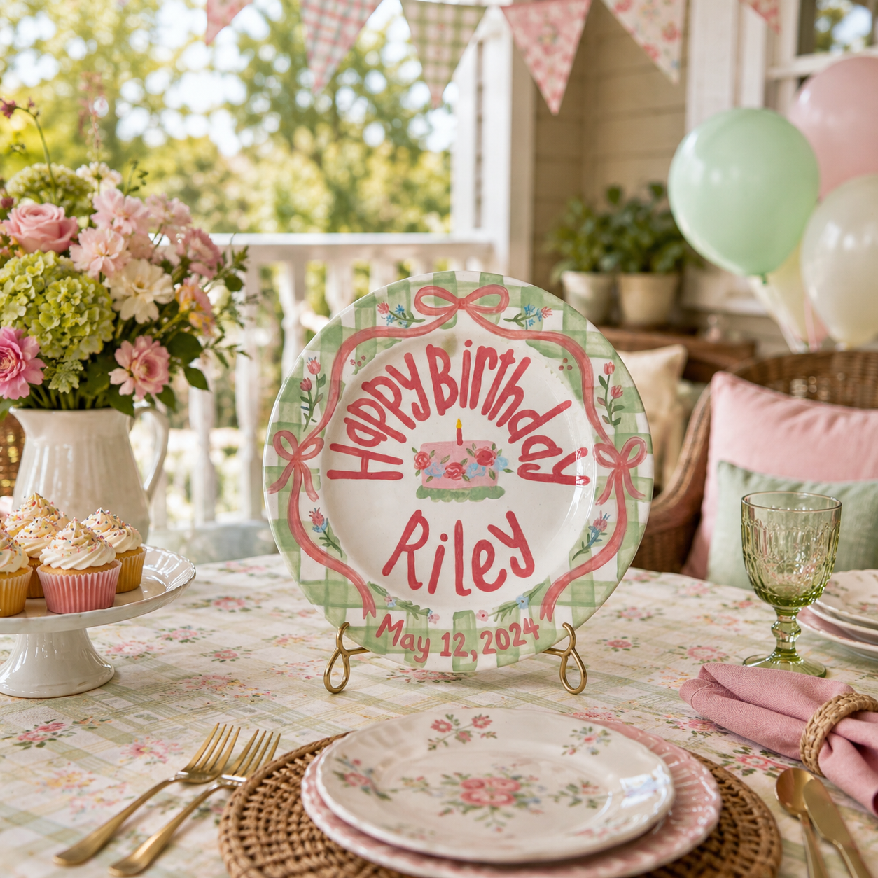 Personalized Green Birthday Plate, Custom Ceramic Birthday Dish, Green Gingham Pink Bow Plate, Girls Birthday Tradition Keepsake | B095
