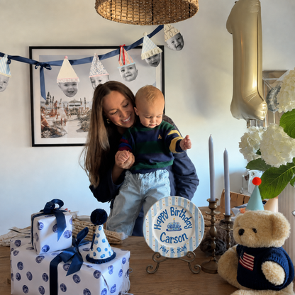 Custom Hand Painted Ceramic Birthday Plate, Blue Stripe Confetti Plate, Personalized Birthday Plate Date, First Birthday Gift Boy | B091