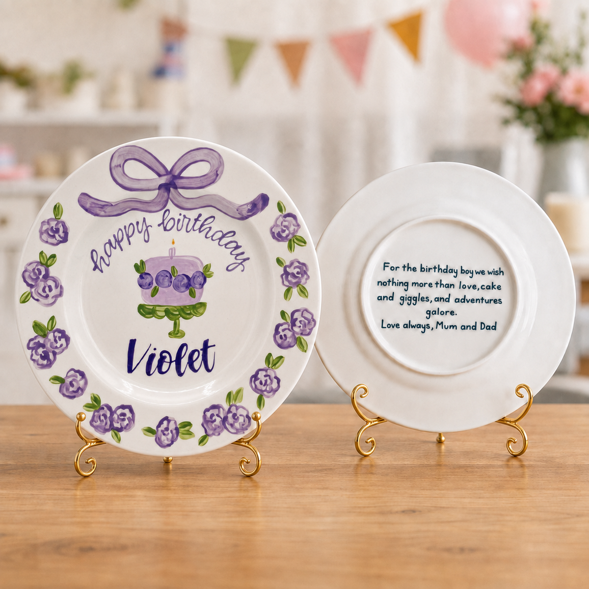Personalized Purple Birthday Plate, Custom Ceramic Birthday Dish, Purple Bow Floral Cake Plate, Girls Birthday Keepsake Keepsake | BGI020