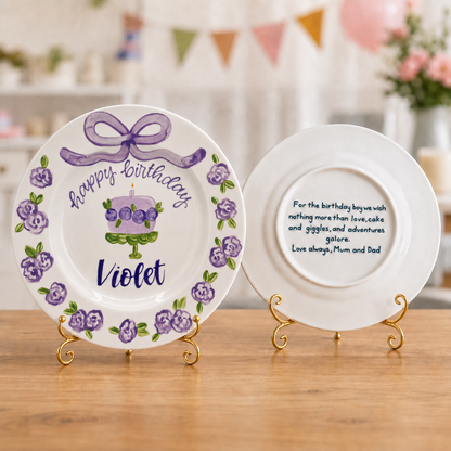 Personalized Purple Birthday Plate, Custom Ceramic Birthday Dish, Purple Bow Floral Cake Plate, Girls Birthday Keepsake Keepsake | BGI020