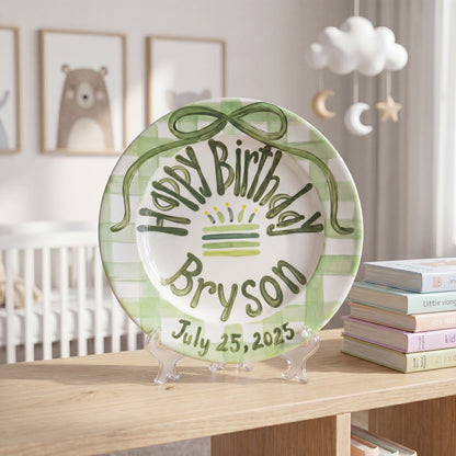 Personalized Birthday Plate – Green Gingham Bow & Cake Design | B058